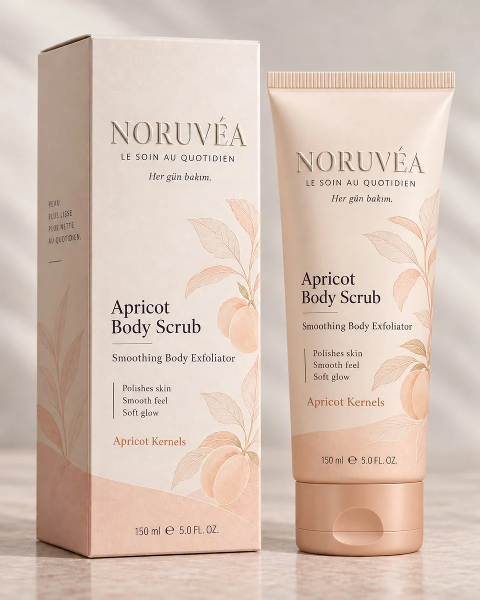 NORUVÉA Apricot Body Scrub kutu ve ambalaj tasarımı