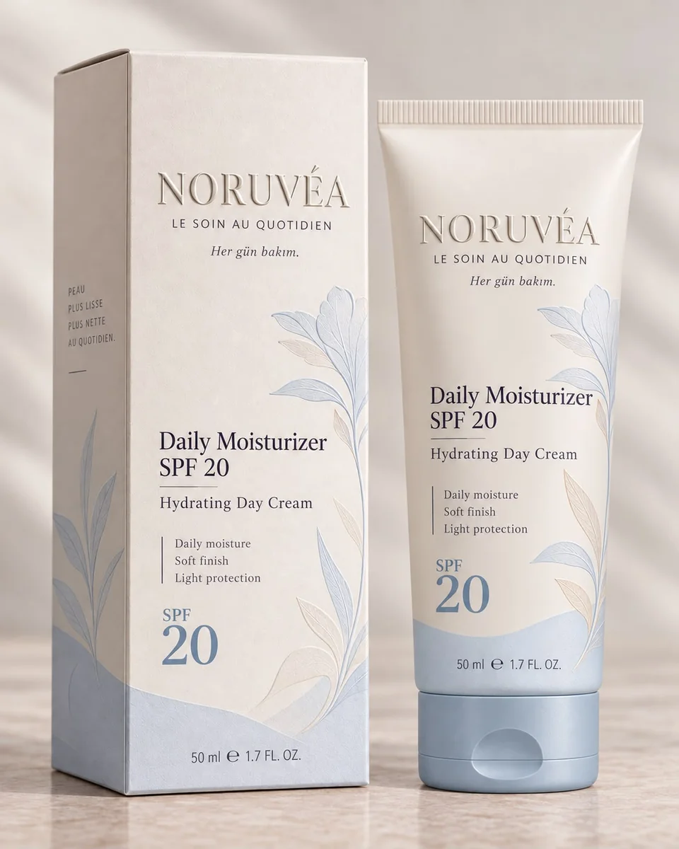 NORUVÉA Daily Moisturizer SPF 20 kutu ve ambalaj tasarımı