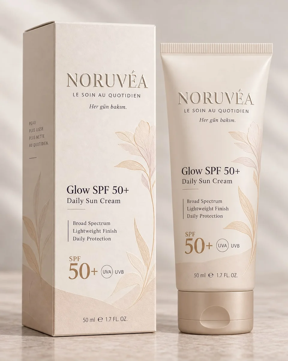 NORUVÉA Glow SPF 50+ güneş kremi ve kutusu
