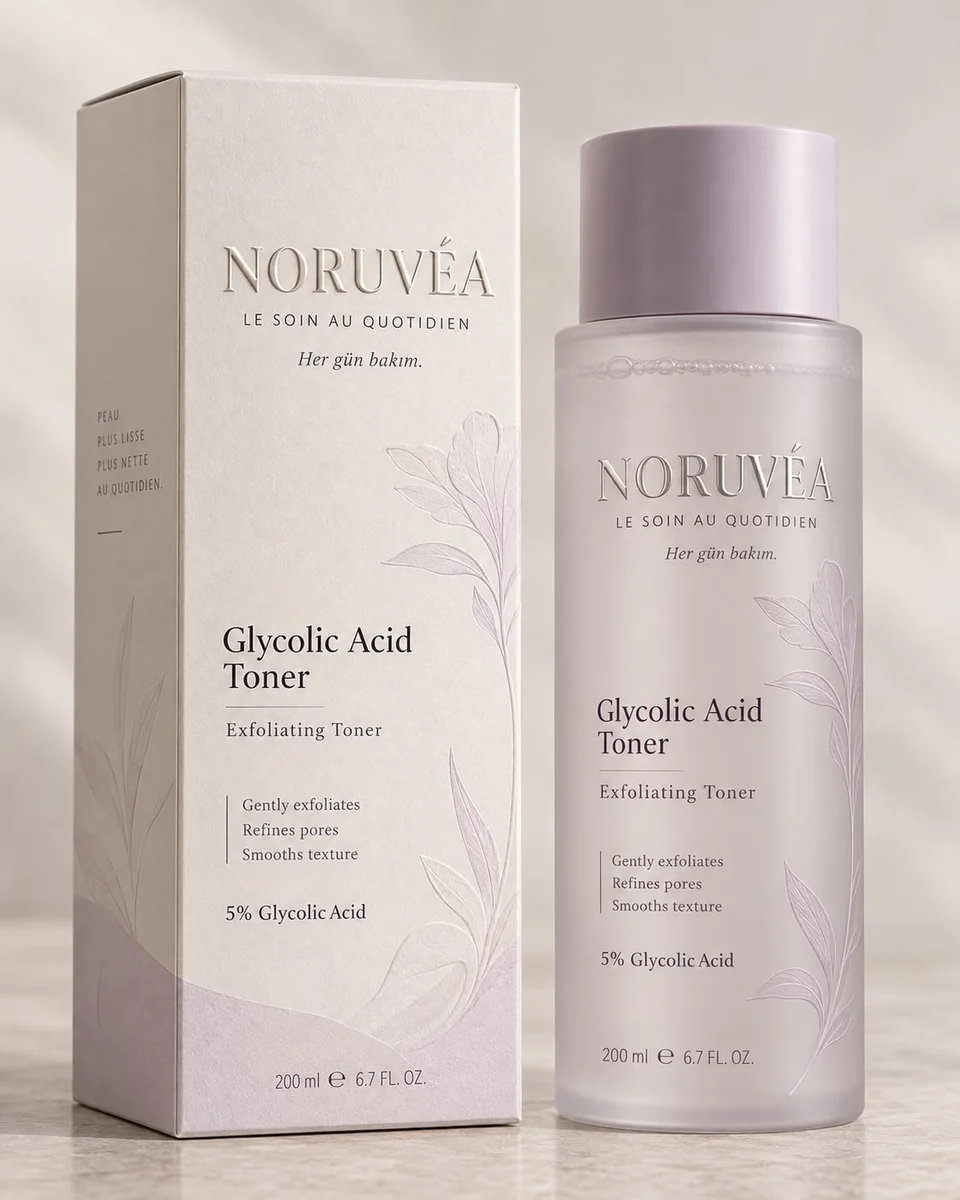 NORUVÉA Glycolic Acid Toner kutu ve ambalaj tasarımı