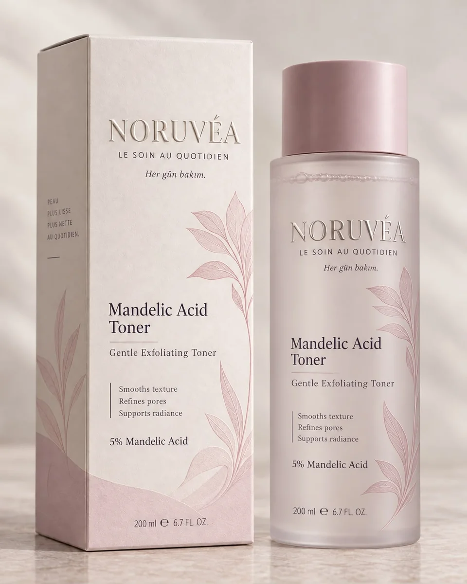 NORUVÉA Mandelic Acid Toner kutu ve ambalaj tasarımı