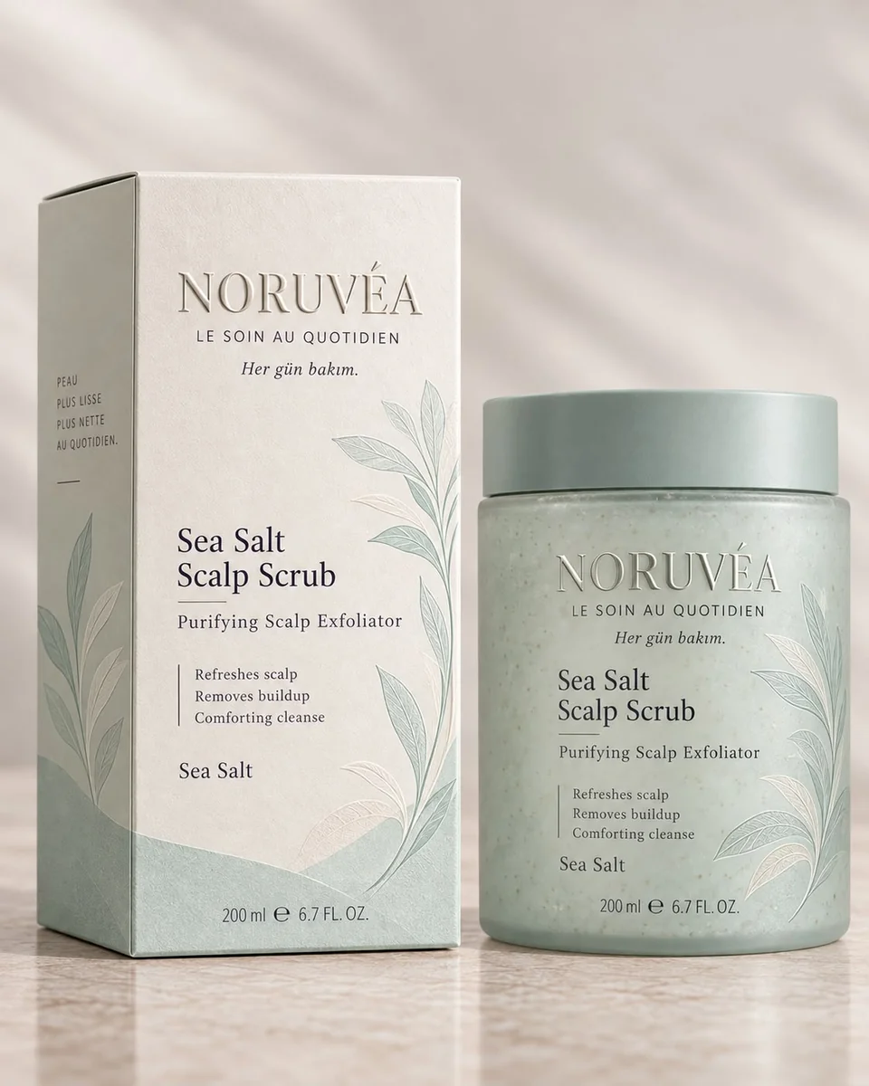 NORUVÉA Sea Salt Scalp Scrub kutu ve ambalaj tasarımı